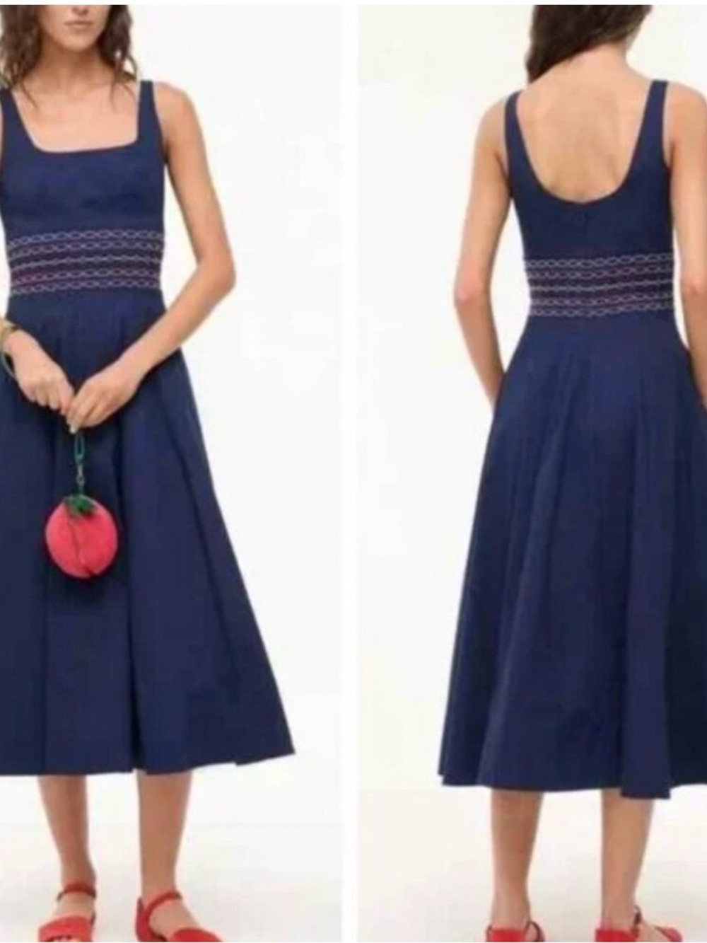 Navy Square-Neck Smocked Waist Midi Dress- Staud